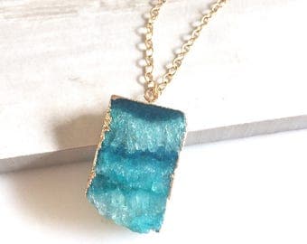 Teal Druzy Necklace. Geode Necklace. Druzy Jewelry. Stone Necklace. Teal Aqua Gold Necklace. Chunky Necklace. Gift.