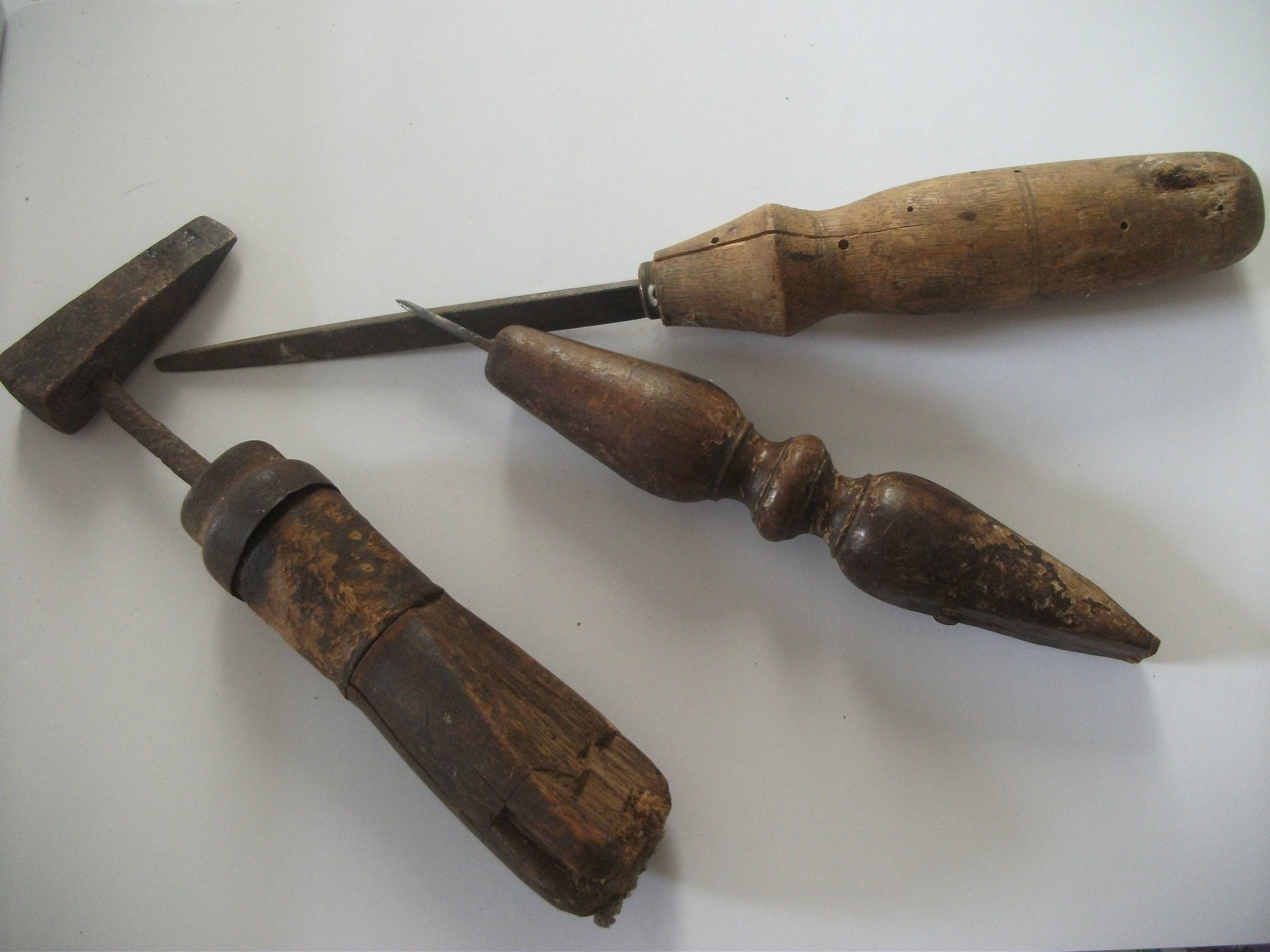 antique Primitive TOOLS lot of 3 copper headed HAMMER, file, AWL