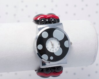 Montre bracelet en verre fusionné rouge et noire
