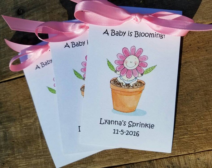 Pink Flower Baby Girl Face Flower Pot Baby Shower Sprinkle Flower Seeds - Seed Packets Party Favors it's a girl favors personalized sprinkle