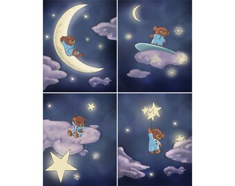 Set of 4 Nursery Illustration Prints. Buy One or Set of Four, on Your Choice of Matte Paper, Photo Paper, or Stretched Canvas