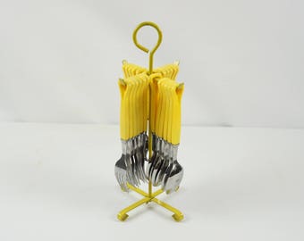 Retro yellow flatware set / Vintage flatware set/ Service for six / Flatware set with stand/ Retro kitchen silver ware set