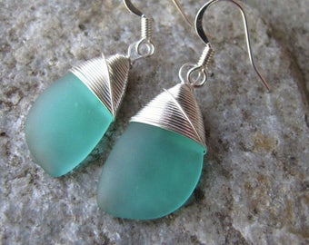 sea glass earrings cultured seaglass mint green colored beach glass jewelry earrings-bridesmaid earrings- teardrop earrings