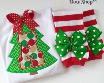 Baby Girl Christmas Tree Outfit -- Deck The Halls -- Bodysuit and Leg Warmers in stunning red, green and gold fabrics with her initial
