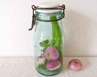 Green Glass Canning Jar - French Antique Glass jar for storing food in the kitchen - Antique Glass jar
