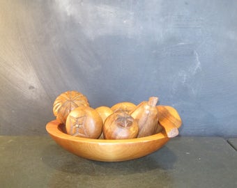 Vintage Wooden Bowl with Hand Carved Wooden Fruit