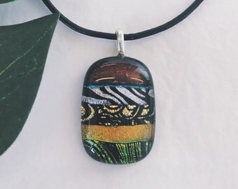 Dichroic glass pendant - Fused glass, Etched patterns, different shades orange, gold and red
