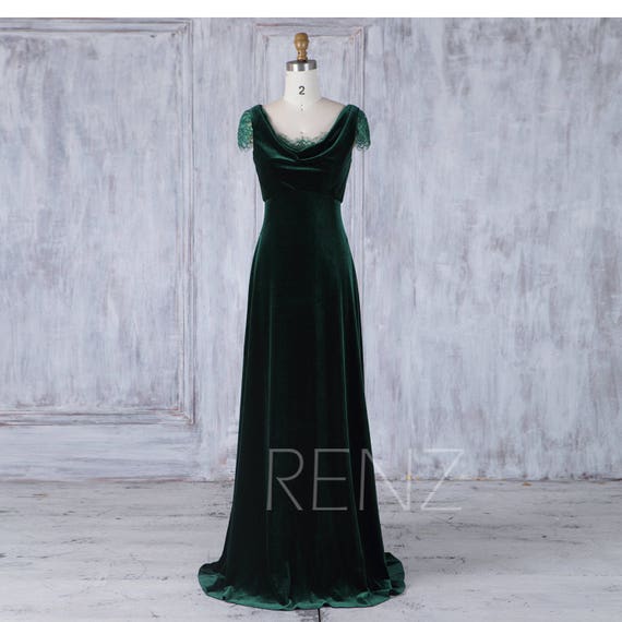 2019 Dark Green  Velvet Bridesmaid  Dress  with Lace Cap Sleeve