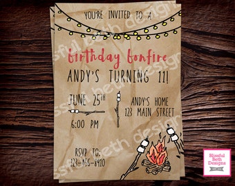 BIRTHDAY BONFIRE INVITATION, Birthday Bonfire, Bonfire Invitation, Birthday Invitation, Camping Birthday, Camping Invitation, Bonfire