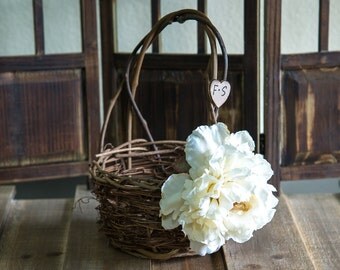 Rustic twig flower girl basket personalized with bride and groom initials other flowers to select from