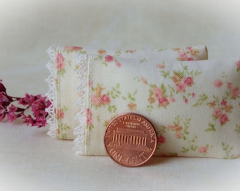 Miniature Pillows "Counry Roses", Set of 2 Pillows with tiny pink roses, French lace detail - 1:12 scale