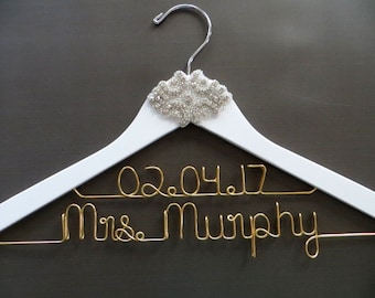 Gold Wedding Hanger, 2 Line Hanger, RHINESTONE Wedding Hanger, Two Line Hanger, Crystal Hanger, Date Hanger, Mrs Hanger, Engagement Gift