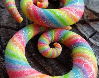 Rainbow Candy Sugar Spirals. Handmade Polymer Clay Plugs for Stretched Ears 2g 0g 00g 7/16" 1/2" 9/16" 5/8" Fake Gauges and 6 - 16 MM also.