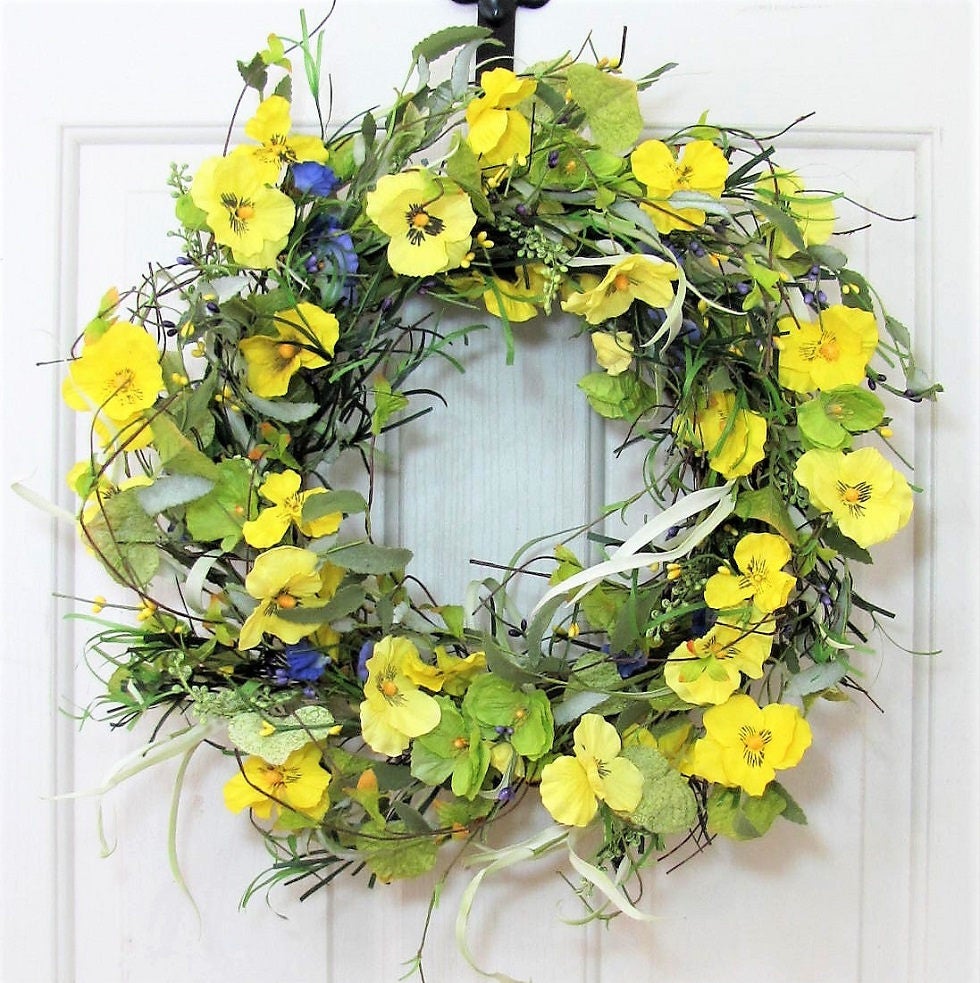 READY To SHIP - Farmhouse Decor - Spring Wreath - Pansy Wreath - Window Floral Wreath - Spring Door Decor - Farmhouse Wreath  Easter Wreath