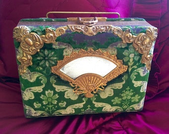 Victorian Green Velvet Photo Album Mirror Fan for Cabinet Cards CDV Ornate 1800s