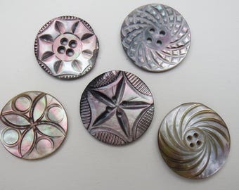 Carved Mother of Pearl Buttons, Vintage Shell Buttons, Carved Shell Buttons