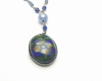 Blue Painted Porcelain Pendant, Vintage Silver Tone, Victorian flower Design, Item No. B378