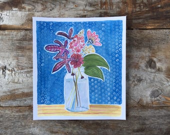 Original Watercolor Gouache painting of Garden Flowers in a Mason Jar