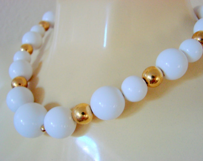 Vintage Monet White Lucite Goldtone Bead Necklace Designer Signed Jewelry Jewellery