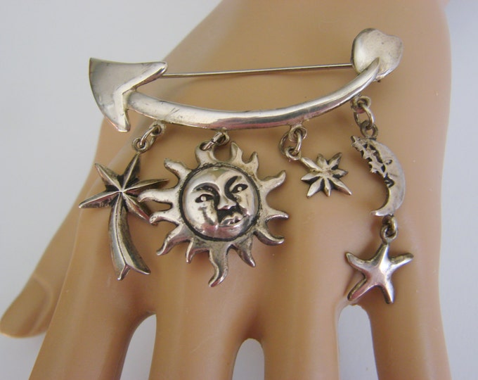 Vintage Dari Designer Signed Silver Pendant Brooch Southwestern Motifs Sun Moon Star Arrow Charms Jewelry