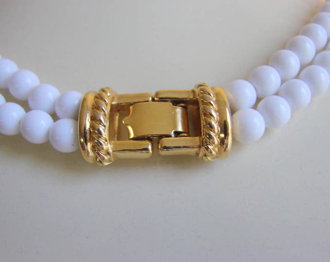 Monet Bold White Lucite Bead Ornate Goldtone Necklace Designer Signed Vintage Jewelry Jewellery