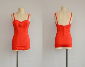 Vintage 50s Bathing Suit / 1950s Maurice Handler Red Stretch Swim Suit with Ruching / Red Rose