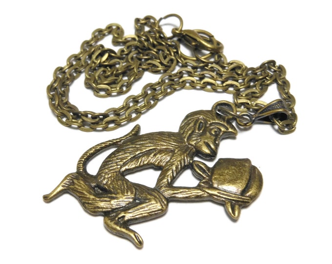 FREE SHIPPING Antiqued brass monkey necklace, bronze link chain, simple fun necklace, year of the monkey