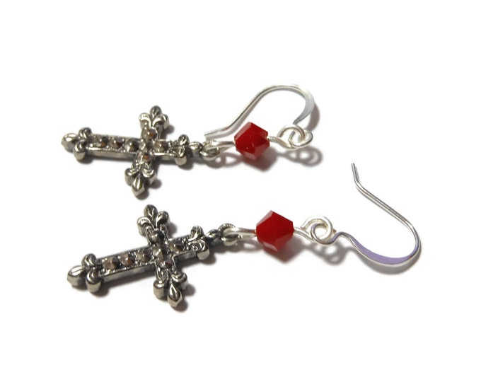 FREE SHIPPING Small cross earrings, silver tone Fleury , silver plated french wires, red Swarovski crystals, faux marcasite, dangle earrings