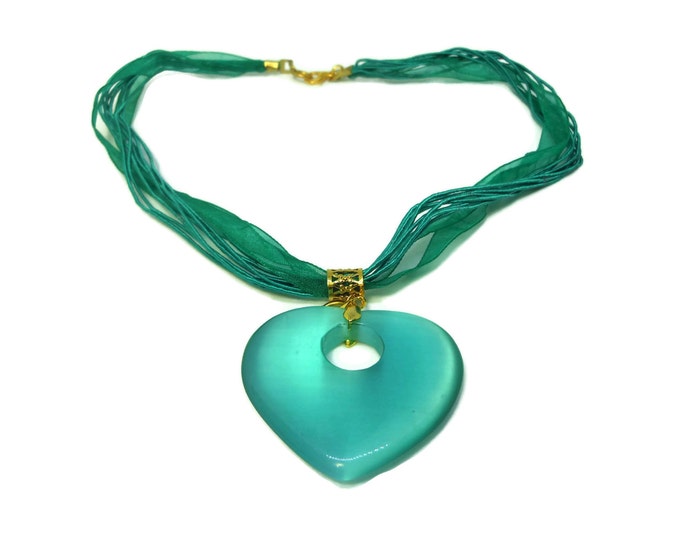 FREE SHIPPING Teal glass heart necklace, handmade cat's eye glass necklace, green heart pendant, organza ribbon and cord, gold finish