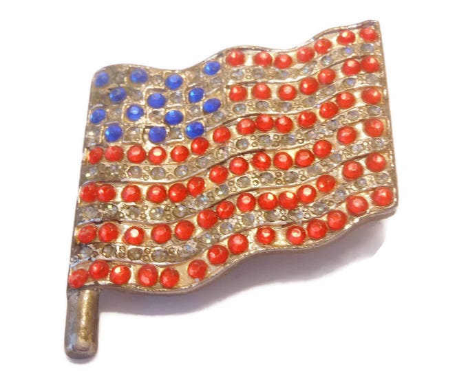 FREE SHIPPING American flag brooch, U.S.A. rhinestone flag pin, silver plated, United States of America, patriotic waving flag, 4th of July