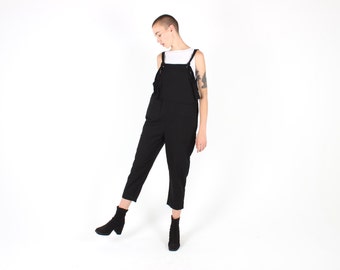 Staple BLACK LINEN Minimal Slouchy / Oversized / Loose / Relaxed Cotton Overalls / Dungarees / Jumpsuit / Onesie