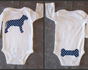 Pick your DOG! Baby boy long-sleeved custom bodysuit with dog breed of your choice. Dog only; dog + bone; or dog + paw-print. Sizes NB-24M