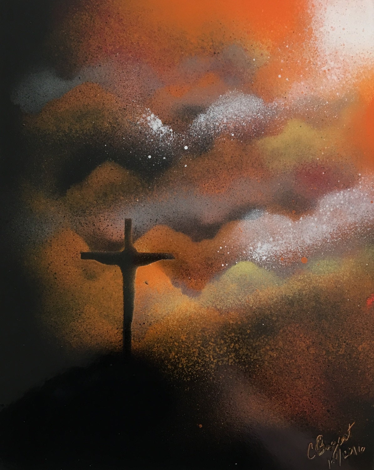 Landscape Sunset Spray Paint Art Cross Christian Art