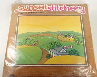Vintage Crewel Embroidery Kit Sunset Stitchery Quilted Summer Scene