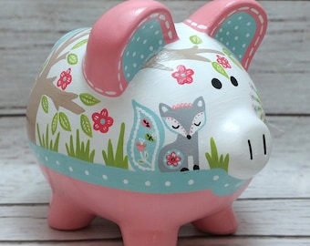 Personalized Piggy bank, mint and coral woodland animals Artisan hand painted ceramic custom piggy bank Baby Fiona Forest fox owl peacock