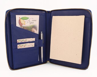 MAIDEN- A5 Leather Compendium, Full Leather, Multiple Pockets, Zip Closure, Personalized & Cocoa Paper Note Pad.