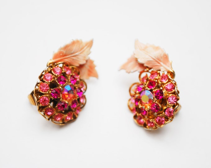 Pink Rhinestone Earrings - Enamel leaf - Flower floral -Mid Century - clip on -Aurora Borealis