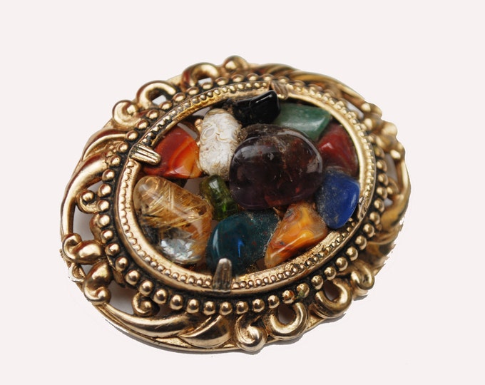 Gemstone Brooch - Gold oval Pin - Multi colored Polished stones -