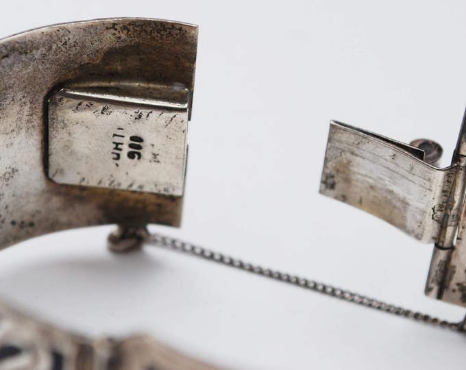 900 Silver Tribal Panel Bracelet - Wide Story link Bangle - Bird -south American - Black oxidation - Silver overlay