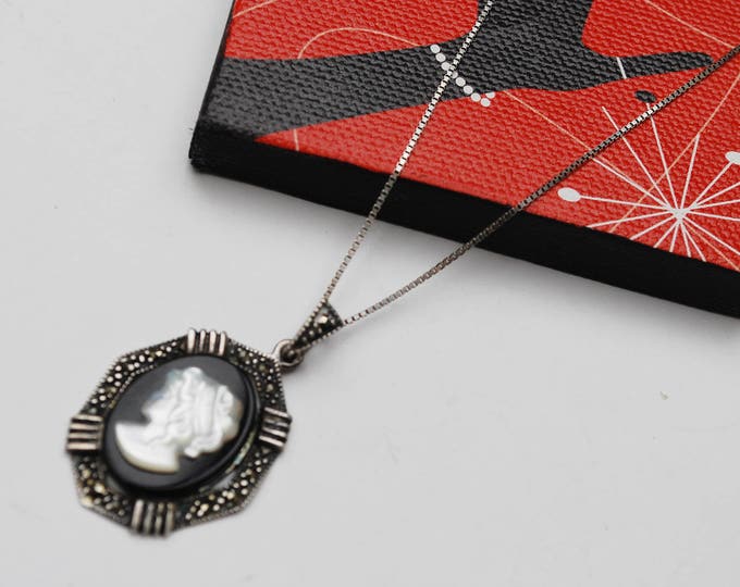 Cameo necklace - Sterling Silver Marcasite - White Mother of Pearl - black Onyx - Women profile