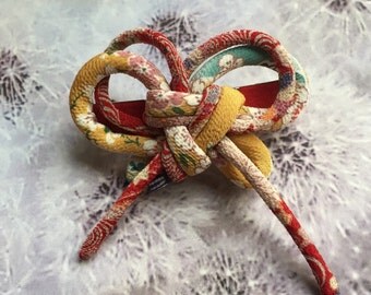 Barrette Japanese Chirimen Cord knot-Mustard Red - franch clip butterfly ribbon
