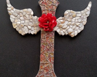 Mosaic Red Rose Van Gogh Glass Winged Cross