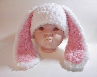 Ready to Ship (6-12 mo) Crochet Childrens Bunny Hat, Infant Girls White and Pink Floppy Bunny Ears Hat, Easter Photo Prop