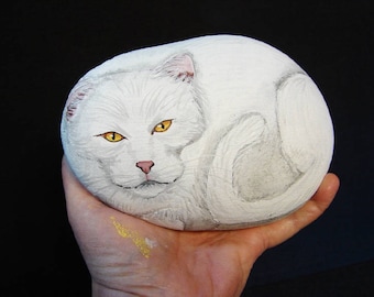 White Cat hand painted rock, rock art, RocksOK painted rocks