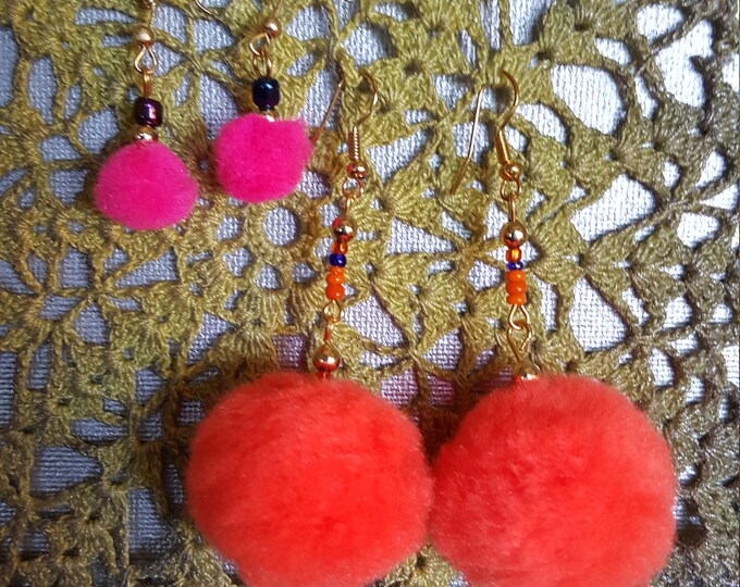 Handmade Mother & Daughter Set Orange Pink Pom Pom Earrings 2 inch drop