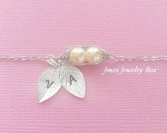 Two peas in a pod bracelet with hand stamped initial leaves