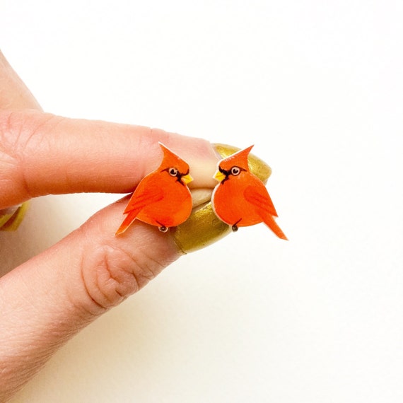 Red Cardinal Earrings. Hand painted bird earrings.