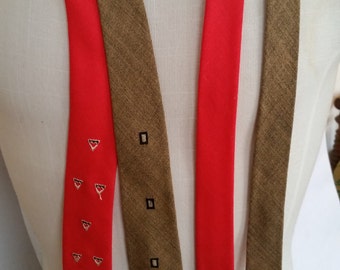 Vintage Necktie 100% Irish Linen Summer Skinny Tie Collection of 2 Ties 1950's Red and Light Brown Skinny Ties Silk Embroidered Design