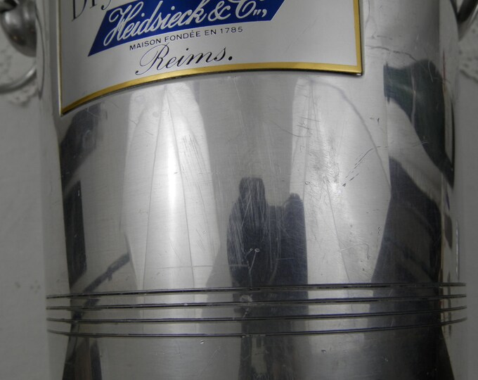 Tall Vintage French Mid Century Metal Champagne Ice Bucket / Cooler Heidsieck & Co with 2 Handles, Chateau Chic Decor, Celebration, Eparnay