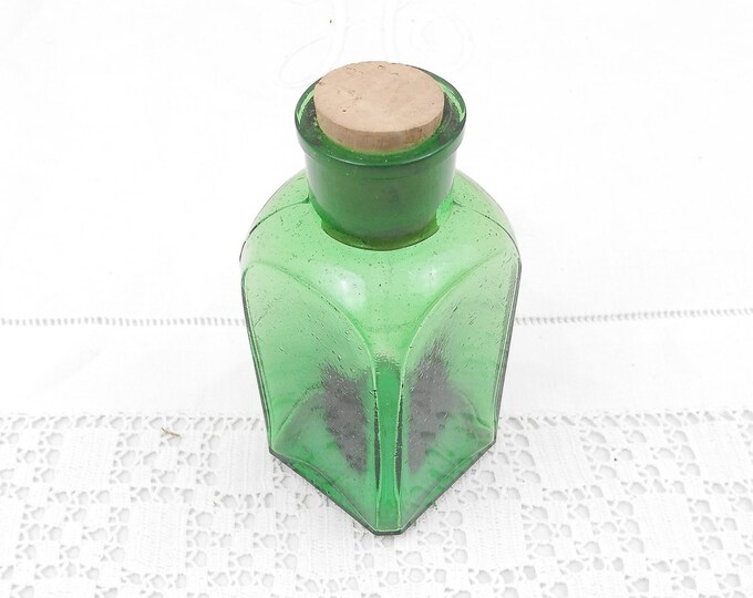 Small Square Antique French Green Apothecary Glass Bottle with a Cork Stopper, Country Decor, Chemist, Pharmacy, Brocante, Vintage Style